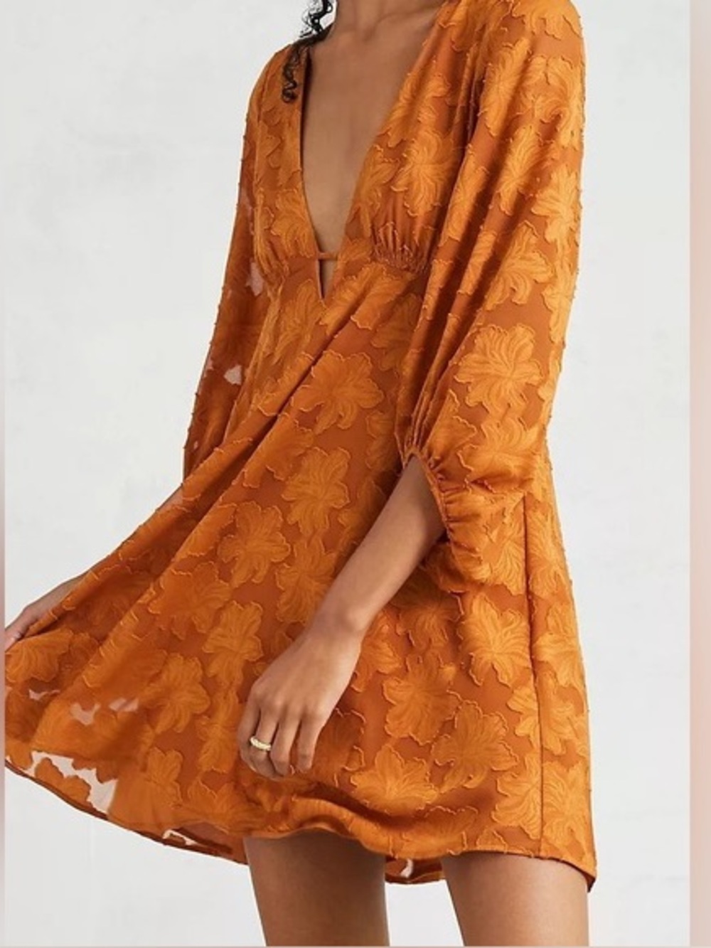 By Anthropologie Jacquard Plunge Mini Dress in Rust Burnt Orange
